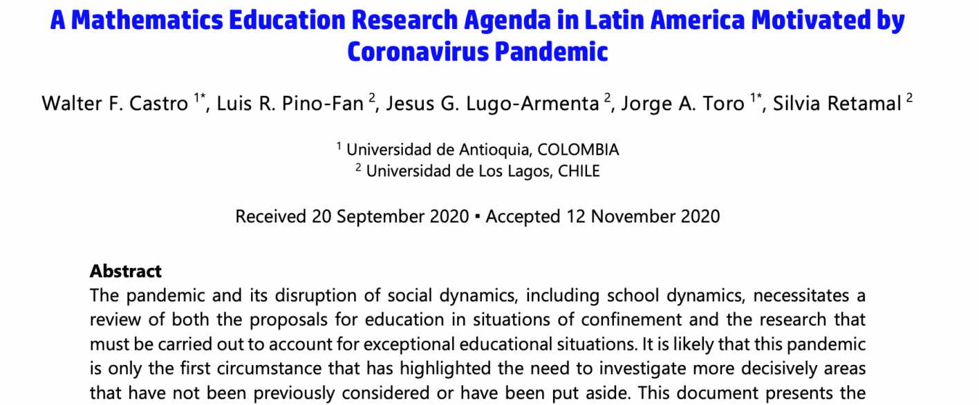 Académicos y estudiante de los Postgrados en Educación Matemática publican una Agenda de Investigación para Latinoamérica por el Covid-19