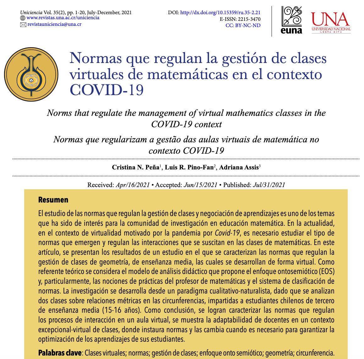 Académico de los Postgrados en Educación Matemática publica artículo