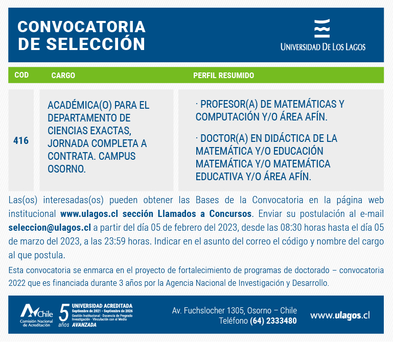 Convocatoria de Selección Académica/o en Didáctica de la Matemática